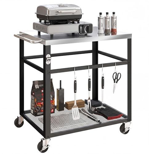 Outsunny Carrello per Barbecue da Esterno, Tavolo Cucina per Forno a Pizza con Piano in Acciaio Inox, 4 Ganci a S, Maniglia, Apribottiglie e Ruote Bloccabili, 82x55x79 cm, Nero