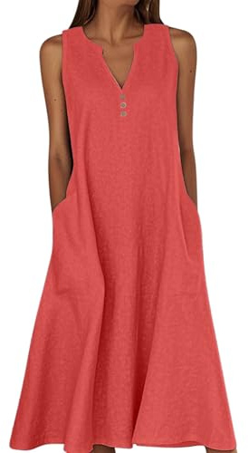 SCBFDI Robe Femme en Coton Lin Chic et Elegant à Col en V Robes Mi Longue | D'Été de Fluide Trapèze Robe Légère et Aérée Boho de Plage