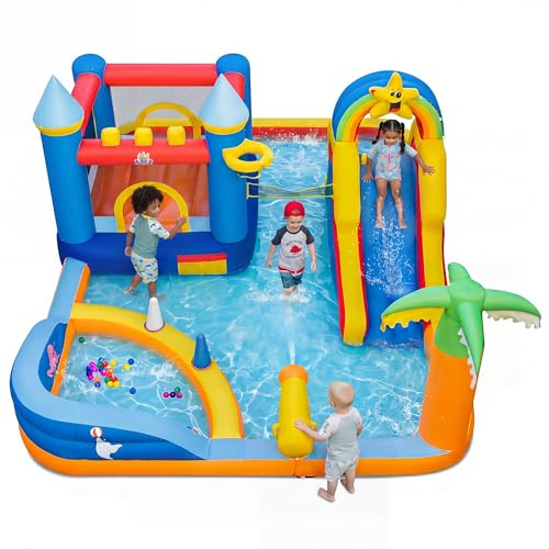 GIANTEX Castello Gonfiabile per Bambini 3+ Anni, Grande Parco Acquatico, in Tessuto Oxford, 2 Piscine, Scivolo, Trampolino, Parete da Arrampicata, Palle, Borsa da Trasporto, per Esterno, Interno