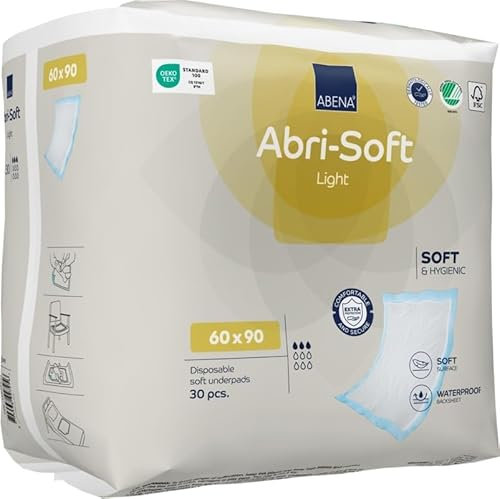 ABENA Abri-Soft Light Disposable Incontinence Pads, Eco-Labelled Incontinence Bed Pads, Leak Protection, Soft & Secure Bed Protectors For Incontinence - 60x90cm, 1250ml Absorbency, 30PK