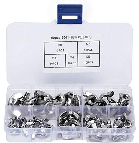 Flügelmutter-Satz, 50-tlg. Flügelmutter aus Edelstahl, handfest, M3, M4, M5, M6, M8. Das Befestigungskit enthält 5 verschiedene Arten von Muttern
