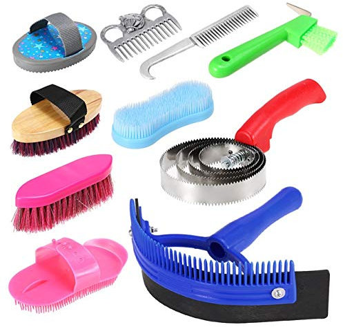 MQEIANG 10-IN-1 Horse Grooming Tool Set Cleaning Kit Mane Tail Comb Massage Curry Brush Sweat Scraper Hoof Pick Curry Comb Scrubber (Color : Random color)