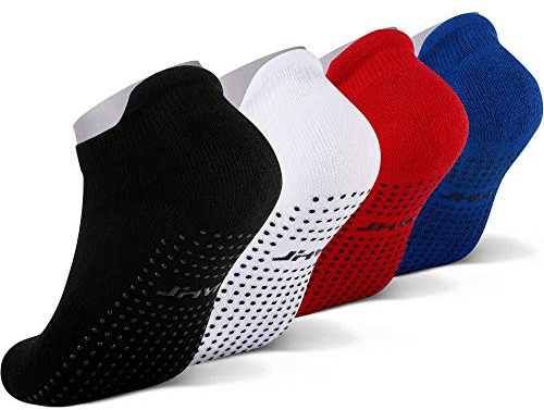 JHM boys Hospital Grip Athletic Sport Non Slip Skid Anti-slip Socks For Slippers, 4 Pairs Color#1, 8-11 Years