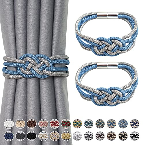 NICEEC 2 Pack Strong Magnetic Curtain Tiebacks Upgrade Nordic Simple Style Drape Tie Backs Double Color Weave Rope Knot Decorative Curtain Holdbacks for Home & Office Window Drapery (Blue & Grey)