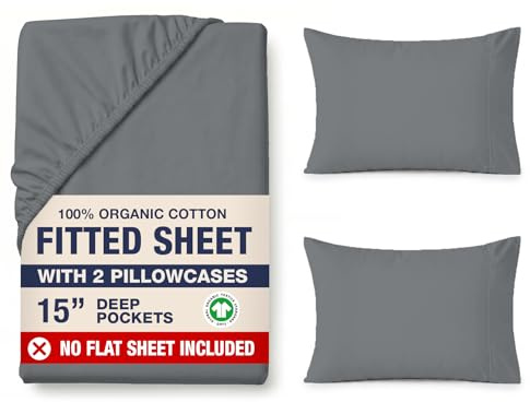 Lane Linen King Size Fitted Sheet – 100% Organic Cotton with 2 Pillowcases, Deep 35cm Pocket, All-Around Elastic, Breathable Bottom Sheet - Charcoal