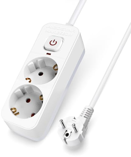 Aigostar Grenuttag med 2 uttag och strömbrytare, 5 m kabel, 16A/3680W, Barnskydd, Vit - Grenuttag för hem, kontor, sovrum