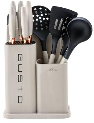 Karaca Gusto Kitchen Utensil Set Stainless Steel with Chopping Board and Holder - Kitchen Appliances for Cooking - 12 Pieces Cookware Tools - Cream & Black