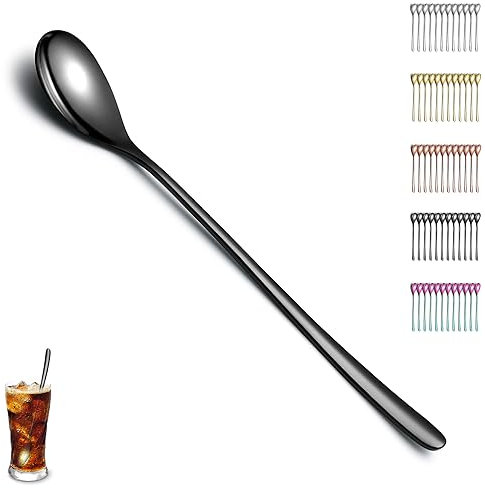 Evanda Schwarzer Latte Macchiato Löffel, 12 teiliges Set, Titanbeschichtung, schwarzer Edelstahl Teelöffel, Rührlöffel, Kaffeelöffel, Eislöffel, Cocktail Löffel