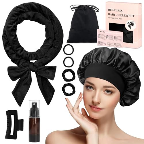 PQETBV Bigodino per Boccoli, Boccoli Capelli Senza Calore, Set 9 Pezzi Bigodino Fascia Capelli, per Capelli Curler Medi Lunghi Dormire Senza Calore Velluto Fascia Morbida Arricciacapelli (Nero)