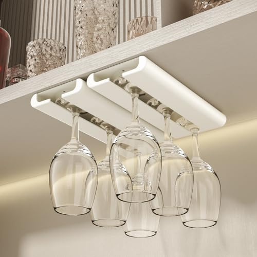 Vaisoeny Vinglashållare, 2-pack glashållare, vinglashållare installation utan borrning, handtag glashylla, vinglashållare hängande för kök och bar (vit)