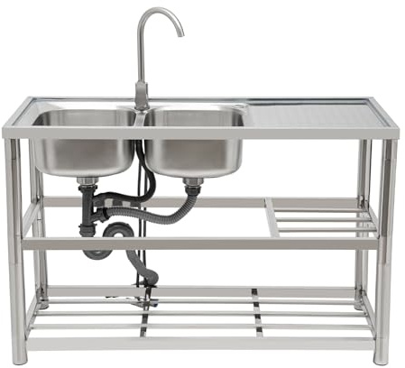 Lavandino da cucina destro, lavabo, in acciaio inox, per gastronomia commerciale, doppio lavandino, kit di scarico per ristorante, cucina e lavandino, in acciaio inox