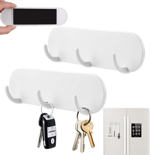 TESSTSY 2 Stück Schlüsselaufhänger für die Wand, magnetisch, Schlüsselbrett mit 3 Haken, zum Aufhängen von Schlüsseln, Regenschirmen, Sonnenbrillen, Schmuckhalsketten (weiß)