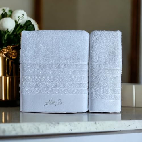 LIU . JO MILANO Coppia di Asciugamani Viso e Ospite in scatola in Spugna di puro cotone con pizzo Art. Paradiso (Bianco)