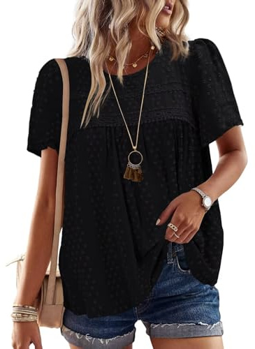 Falechay Plus Size Tops for Women Keyhole Button with Elastic Loop Dressy Casual Crewneck Flowy Blouses Summer Boho Shirts Black 4XL