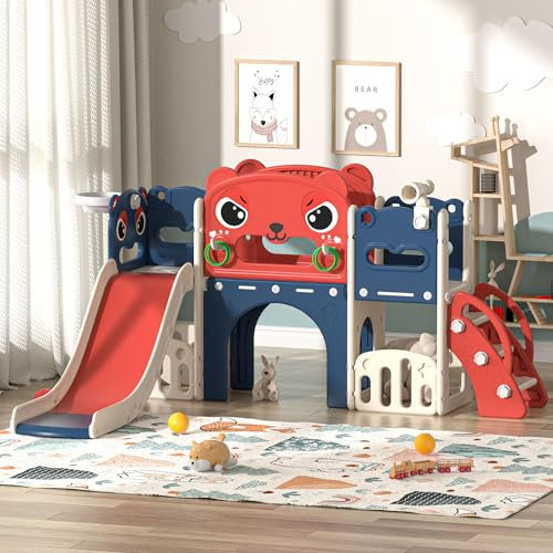 9-in-1 Toddler Slide with Climbing Ladder, Tunnel and Basketball Hoop, Indoor Outdoor Garden Slide Set for Kids, Children's Playground Toy, Montessori Play Equipment(Red-blue Little Devils)