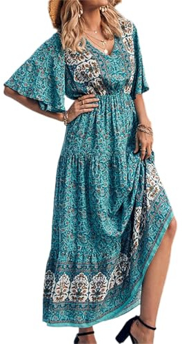 Robe longue d'été décontractée pour femme - Style bohème - Col en V - Manches courtes - Style ethnique - Robe d'été à volants, cyan, L