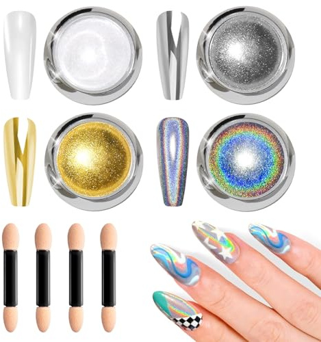 BISHENGYF Dorado Efecto Espejo UñAs - Láser brillante holográfico Polvo Para UñAs Efecto espejo metálico Plata, Kit de polvo de purpurina iridiscente con pigmento perlado blanco, Decoración de uñas