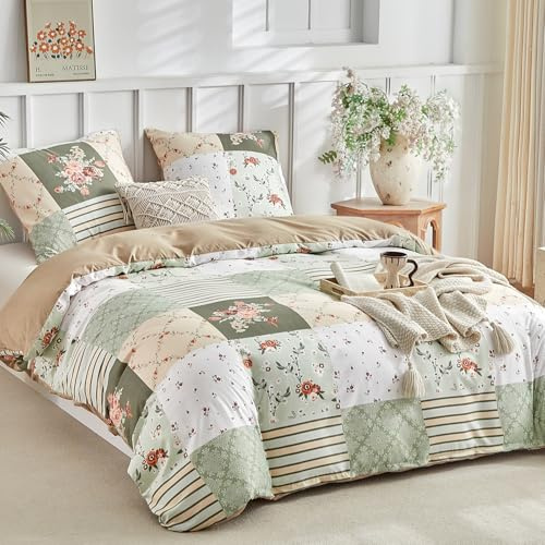 Tokokimo Funda de edredón 220x240 con 2 fundas de almohada 65x65 cm - Motivo de patchwork floral bohemio - 100% microfibra Juego de ropa de cama 220x240 para adultos con cierres de cremallera, Verde