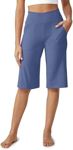 G4Free Womens Capri Pants Loose Yoga Pants 14 Wide Leg Casual Summer Dressy Pull On Pants V Waist Comfy Lightweight Lounge Capris(Denim Blue,M,14)