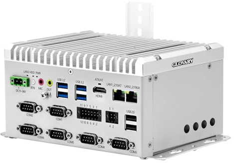 Glovary Industrial Mini PC i5 8265U (4C8T, up to 3.9GHz), 2LAN (i210 + i219-LM) Fanless Computer 4K, Barebone, 6 x RS232/485 COM, GPIO, 4USB3.2, 9-36V Auto Power On, 35mm DIN Rail