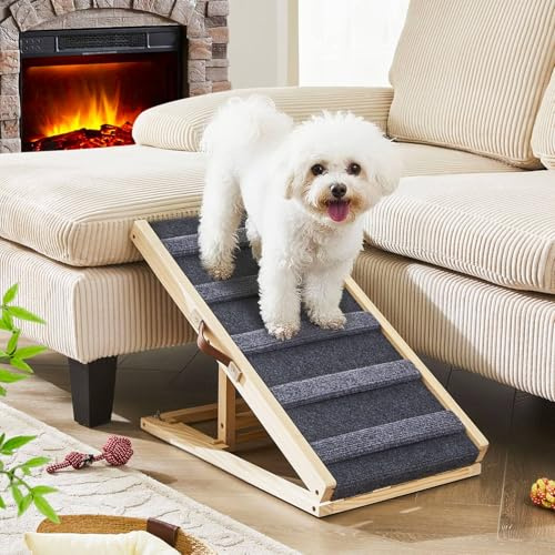 LEMROE Wooden Dog Ramp for Sofa & Bed for Small Dogs, Adjustable Foldable | Pet Ramp with Non-Slip Crossbars & Traction Mat, Dog Climbing Ladder for Couch, Safe Joint-friendly Furniture