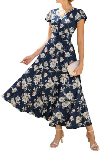 GRACE KARIN Donna Manica Increspata Scollo a V Abito midi Linea A Fiore Abito Estivo Con Tasche, Blu navy-Bianco Fiori, M