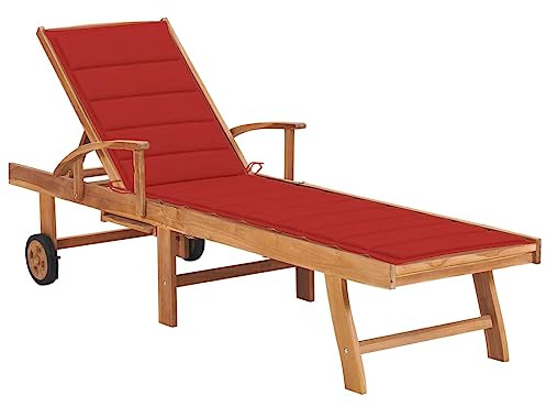 Tomostar Bain de Soleil, Chaise Longue Jardin Extérieur Transat pour Piscine avec Coussin Rouge Bois de Teck Solide