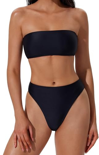 SUUKSESS Women Sexy High Waisted Bandeau Bikini Set Cheeky High Cut Two Piece Swimsuit Strapless Reversible Bathing Suit (Black/White,M)
