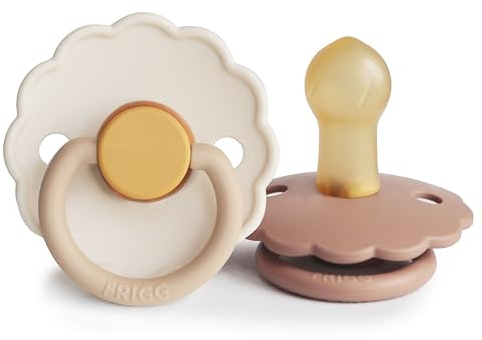 FRIGG Daisy Natural Rubber Baby Pacifier | Made in Denmark | BPA-Free (Chamomile/Peach Bronze, 0-6 Months) 2-Pack