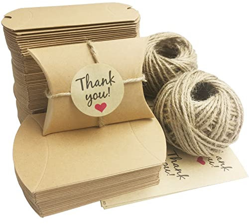 DUGYIRS 100 Stück Geschenkbox aus Kraftpapier Klein Geschenkboxen 9cm x 6cm,Hochzeitsfeier Vintage Geschenkbox mit 60m Juteschnur und 120 Stück Thank You Papieraufkleber für Bonbons Kekse(Braun)