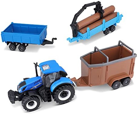 Bburago Trattore agricolo New Holland pressofuso con 3 rimorchi, replica giocattolo da collezione
