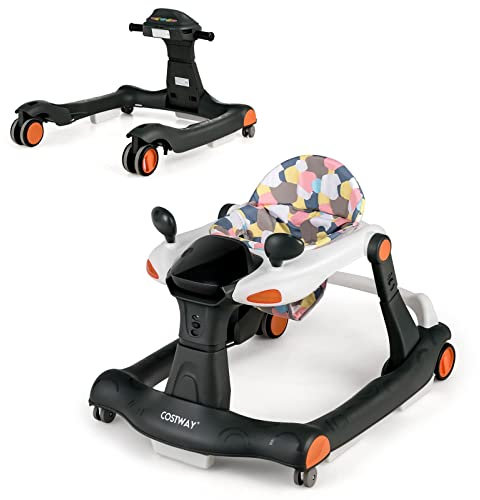 COSTWAY 2-in-1 Lauflernhilfe klappbar, Baby Walker höhenverstellbar, Gehfrei mit Musik & Licht, Laufhilfe mit Anti-Kollision & Anti-Rutsch, Lauflernwagen, für 6-18 Monate, bis 15kg belastbar (Schwarz)