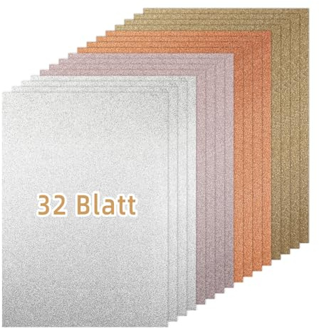 Metallisk färg glitterpapper för pyssel, 32 ark färgglada glitterpapper A4, 4 färger, 250 g/m² glitterkartong för pyssel och design