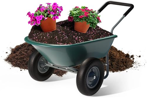 Idzo 2-Wheel Heavy-Duty Wheelbarrow Cart, 330 LB Capacity, Ergonomic Padded Handle and 14 Inch Pneumatic Tires for Maximum Stability, Ideal Wagon for Moving Soil, Shrubs, Plants, Easy Assembly
