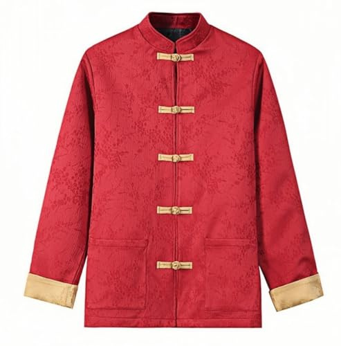WQHANFU Tang Suit Men Jacket Chinese Hanfu Traditional Tang Suit for Men Kung Fu Shirt Uniform Long Sleeved Tops(Red,Large)