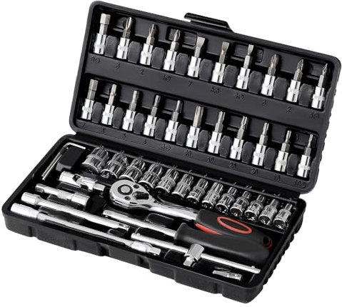 Ordeluxe Kit de Clé Plate à Cliquet et à Douille 46 Pcs Cr-V - 1/4 72 Dents Avec Boîte à Outils - Outillage Mécanique Auto Chromé et Poli Miroir Pour Réparation