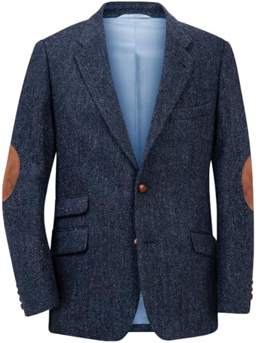 RAJEGAR Abrigos deportivos de tweed con espiga para hombre, ajustados, informales, con solapa, mezcla de lana, chaquetas estilo vintage británico, azul marino, L
