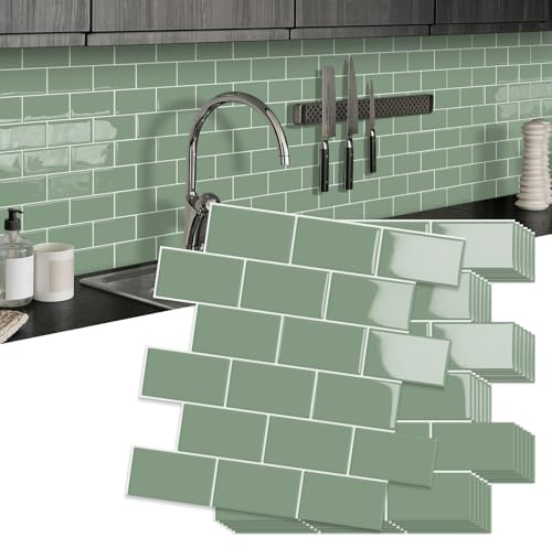 10 Stück Upgrade Dickere Fliesenaufkleber Klebefliesen Wandfliesen, Wasserdicht Metro Fliesen Selbstklebend Wandverkleidung für Küche Bad,Spritzschutz Vinyl Fliesen(Grün,30,5x30,5cm)