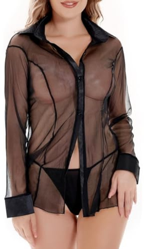 Womens Sexy Sheer Shirt, Black Sheer Blouse Long Sleeve Top, Sexy Button Up Lingerie Sleep Shirt, See-Through Loose Casual Pajamas Shirts, Transparent Nightdress Negligees Chemise for Ladies Bedroom