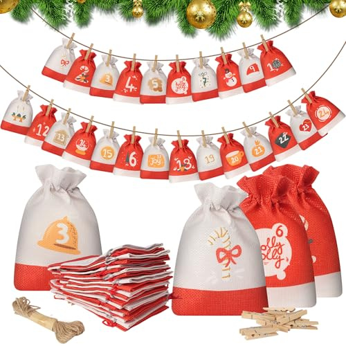 Calendario Avvento da Riempire Stoffa, 15 * 10CM,Sacchetti Biscotti Caramelle Natale, Portaconfetti Calendario d’Avvento per Regalo Confetti Natale
