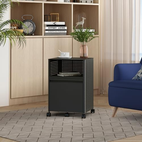 [en.casa] Mobile Contenitore in Acciaio con Rotelle Organizzatore da Ufficio Comodino con Cassetto e Vano Portaoggetti Scomparto Aperto per Studio Ingresso 54x40x36 cm - Nero