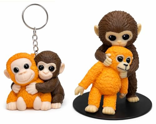 Punch The Monkey Figura Mono con Osito + Llavero Monos - Set macaco abrazando a su peluche - Pack zoo Japón - Monos abrazandose estilo Kawaii - Regalo con significado para amantes de los animales