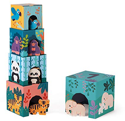 Janod - Pirámide de Cartón y Figuritas de Madera para Bebés - Animales - Juguete de Estímulo - Juego Educativo Coordinación - Colaboración con WWF - Cartón Certificado FSC - Desde 1 Año, J08623