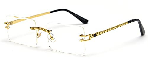 LIGOES Gafas de sol rectangulares sin montura verde azul cristal espejo gafas de sol mujer uv400 retro hombres sombras tintadas, Dorado con transparente