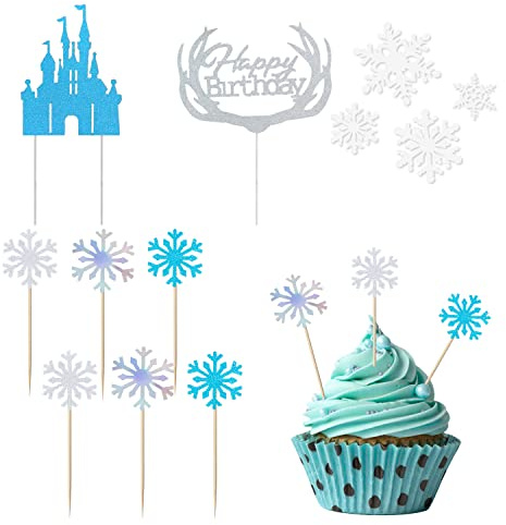 56 decoraciones de cumpleaños con forma de copo de nieve con purpurina, para cupcakes, decoración de tartas congeladas, para Navidad, cumpleaños, bodas