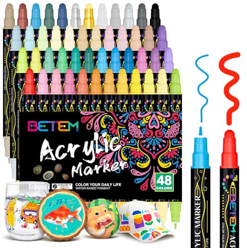 Betem 48 Colores Rotuladores Acrilicos Doble Punta, Marcadores Acrílicos para Pintar Piedras, Tela, Madera, Lienzo, Cerámica, Graffiti, Vidrio, Rotuladores Lettering para Artesanías