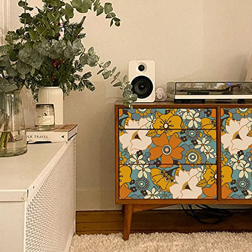 funlife Peel and Stick Wallpaper Decals, Self Adhesive Furniture Sticker, Contact Paper with Back Adhesive for Wall, Drawer, Retro Blue Flower