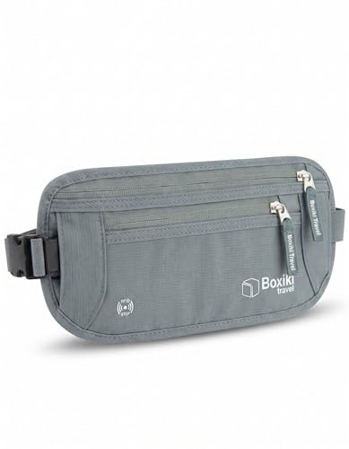 Cinturón de Dinero Oculto para Viaje con Bloqueo RFID - Riñonera Viaje Oculta Gris con Bolsillos Amplios para Pasaporte, Tarjetas y Teléfono - Bolsa Antirrobo Viaje Unisex de Boxiki Travel