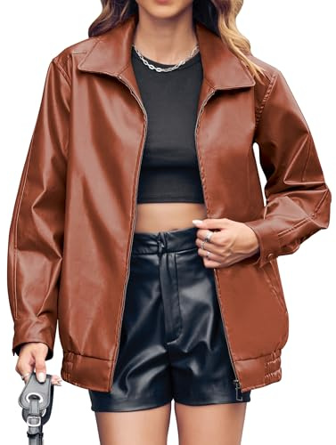 Miladusa Womens Faux Leather Long Sleeve Zip Up Motorcycle Jacket Oversized Moto Biker Coat Fashion 2026 Brown L