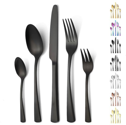Funnydin 30 Stück Besteck Set 6 Personen, Premium-Edelstahl Besteck Set mit Gabel, Messer, Löffel, Spülmaschinenfest, Einzigartige und Elegante Mattschwarze-Look